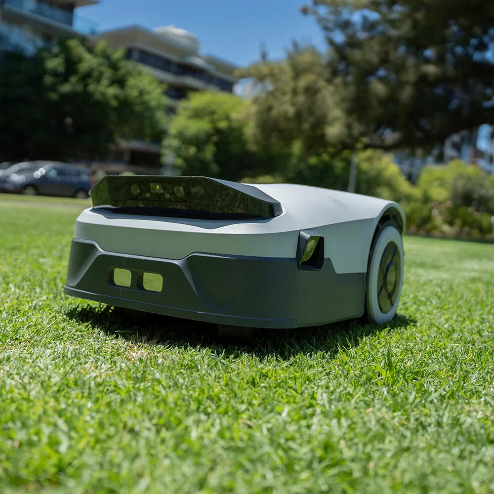 Patikimai dirbantis vejos robotas tvarkingame gyvenamojo namo kieme